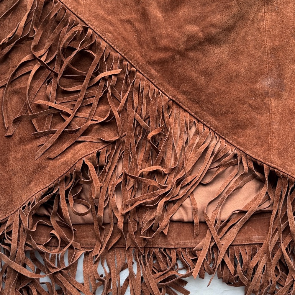 Pamela McCoy 100% Leather Fringe Midi Skirt Brown size XS Western Boho Vintage - Picture 2 of 8